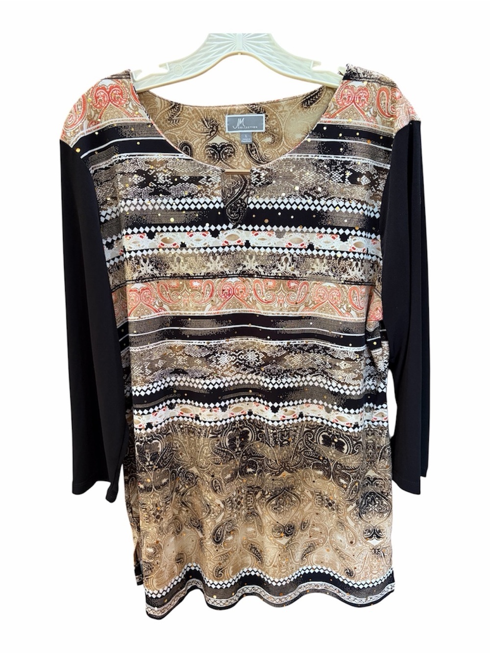 JM Collection | Black Metallic Paisley Keyhole Top